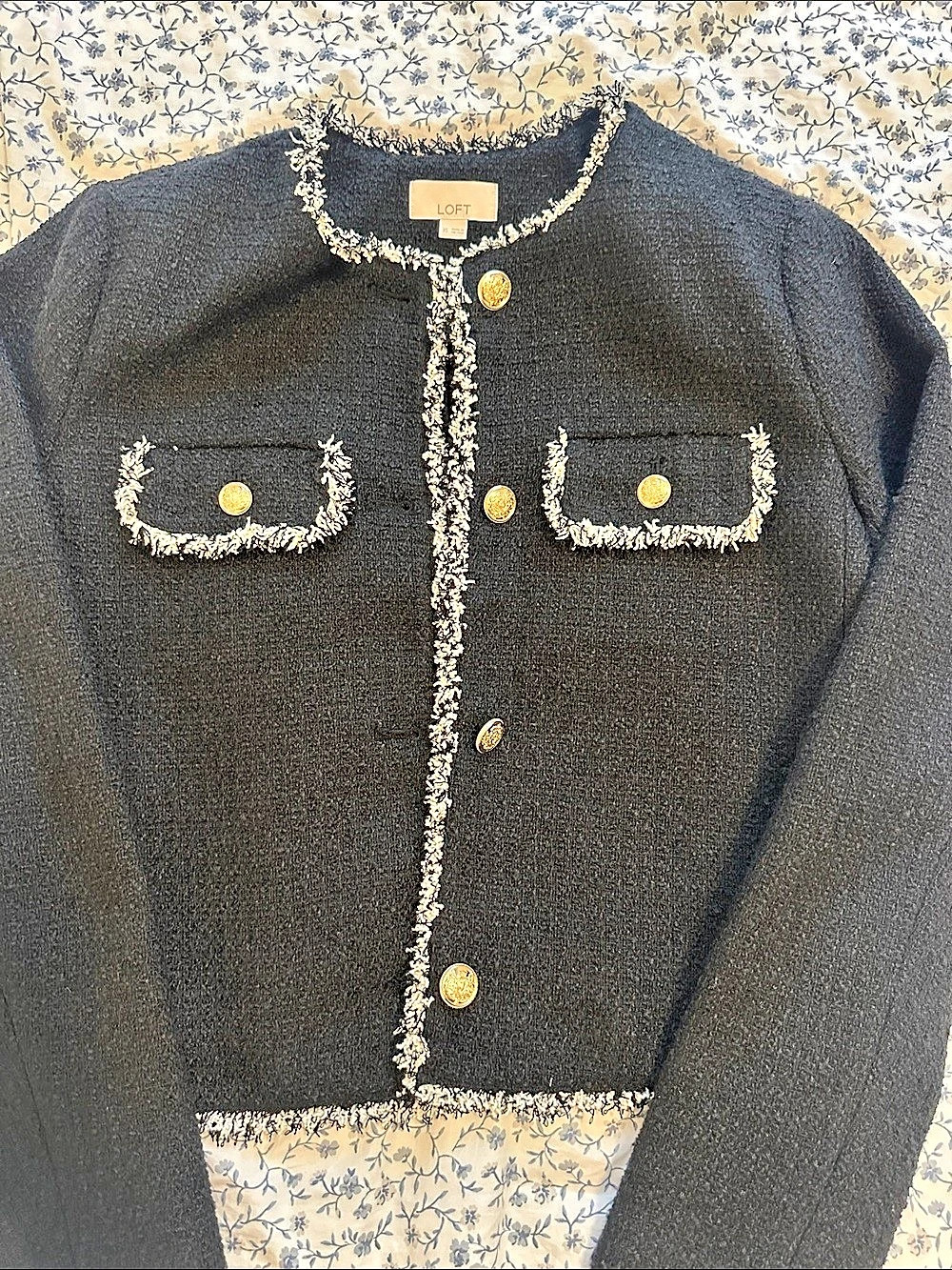 LOFT Tweed-Trim Button Jacket in Black Size XS